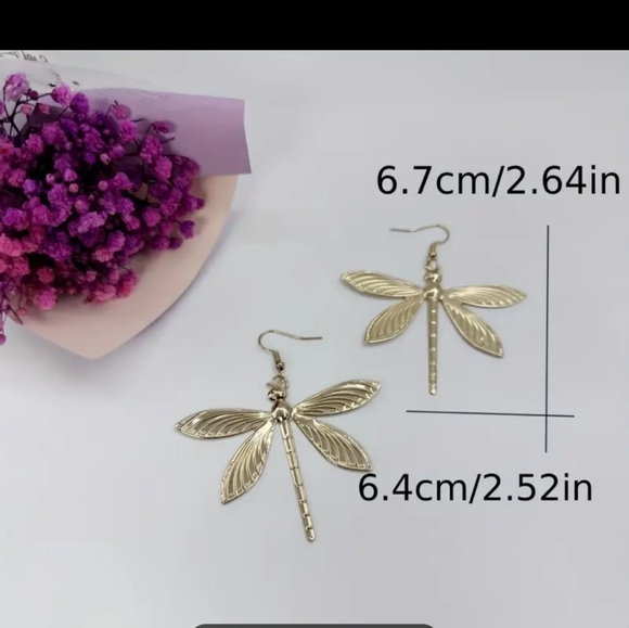 Stylish Drop Earrings 18k Gold Plated Retro Dragonfly Design Match Daily Outfits - Picture 2 of 5
